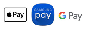 Digital wallet banner showing Apple Pay, Samsung Pay and Google Pay icon logos